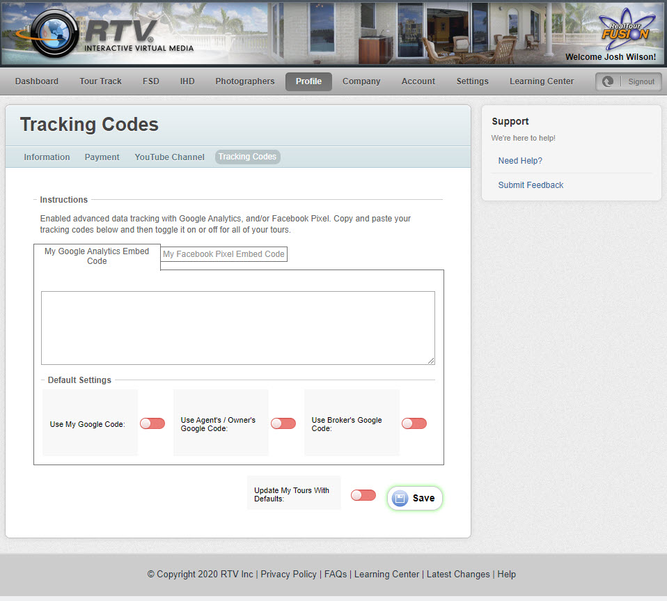 Settings - Tracking Codes - RTV